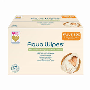 Aqua Wipes 100% Biodegradeable Baby Wipes - Box - 12 x 64 wipe pack