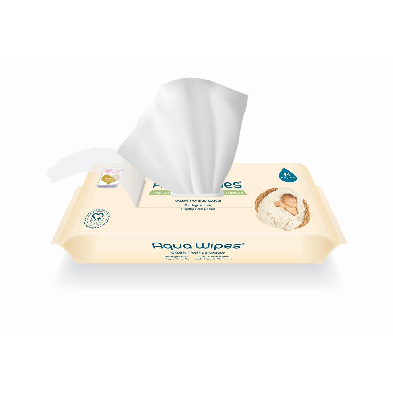 Aqua Wipes 100% Biodegradeable Baby Wipes - Standard Pack - 64 wipes